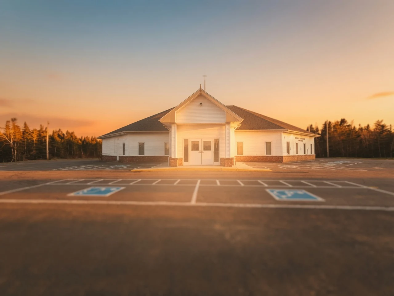 Warm golden-hour exterior of Calvary Pentecostal Tabernacle in Clarenville, Newfoundland and Labrador